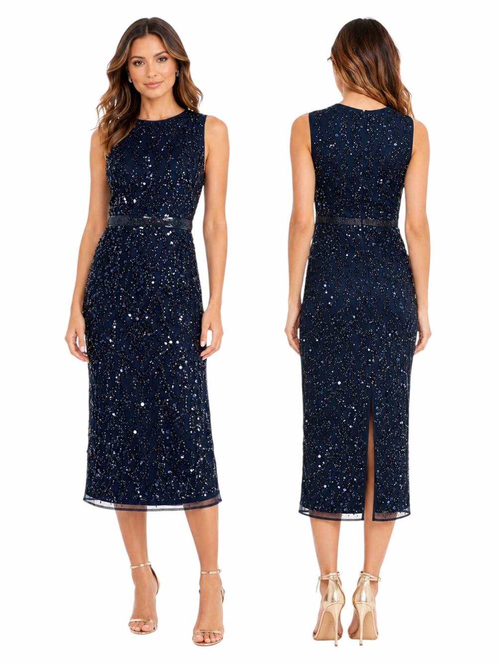 Mac Duggal Sequin Sleeveless Midi Dress 93767 Midnight Blue Size 12